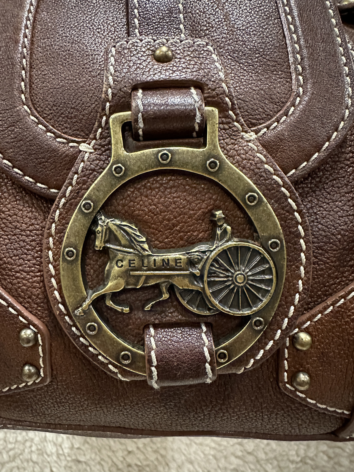 Celine Brown Leather Handbag Handle Purse Satchel Horse Buggy Logo Dust Bag Tags