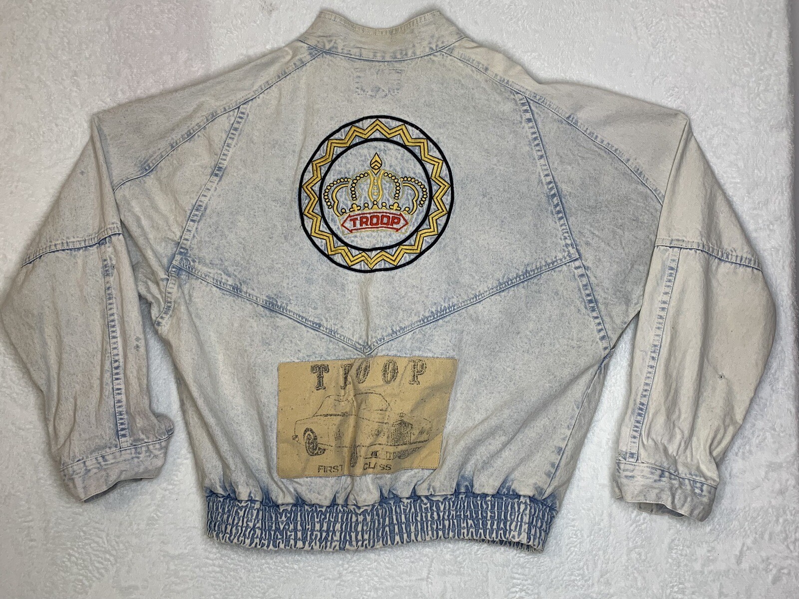 VTG Troop Crown 90’s Washed Denim Jean Jacket Full Zip Embroidered Size XL