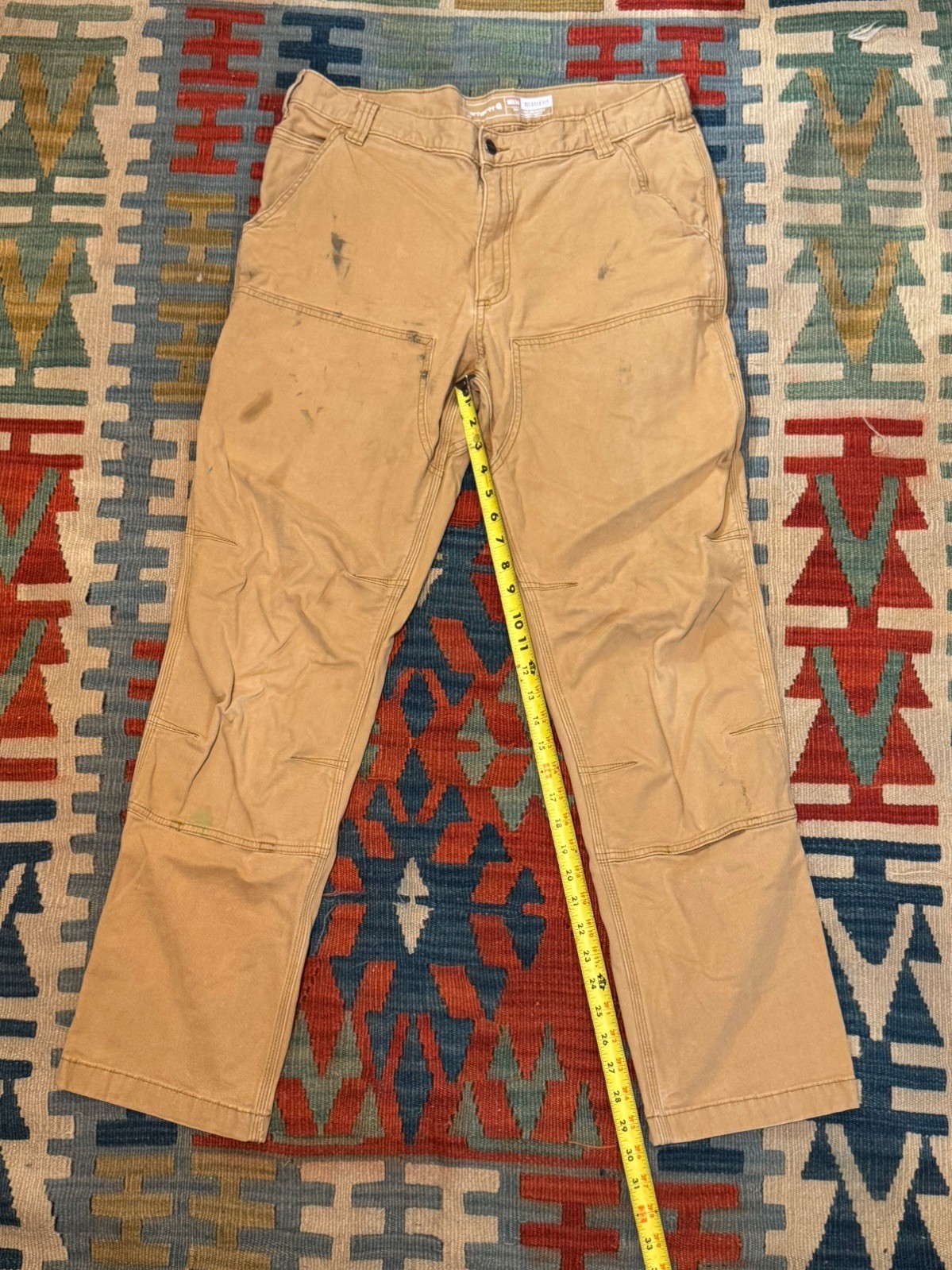 Carhartt Men’s Size 36×34 Relaxed Double Front Utility Work Pant Tan Distressed