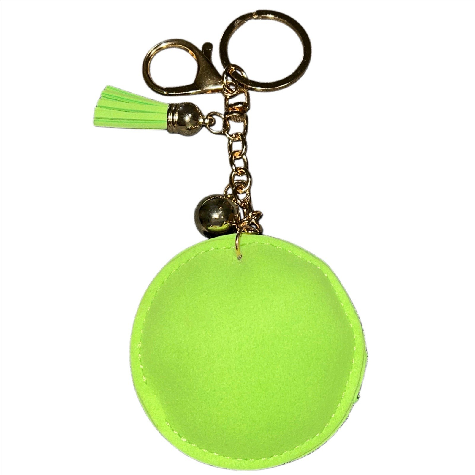 Rhinestone bling keychain/ bag charm. Round. Green/gold/pink/yellow. Leaf.