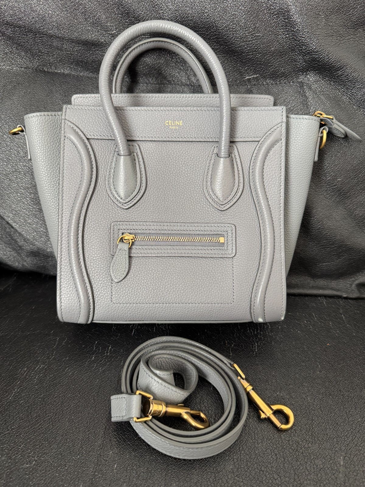 CELINE Luggage Nano Shopper Shoulder Bag Purse Handbag Calf Leather Grey Gold HW