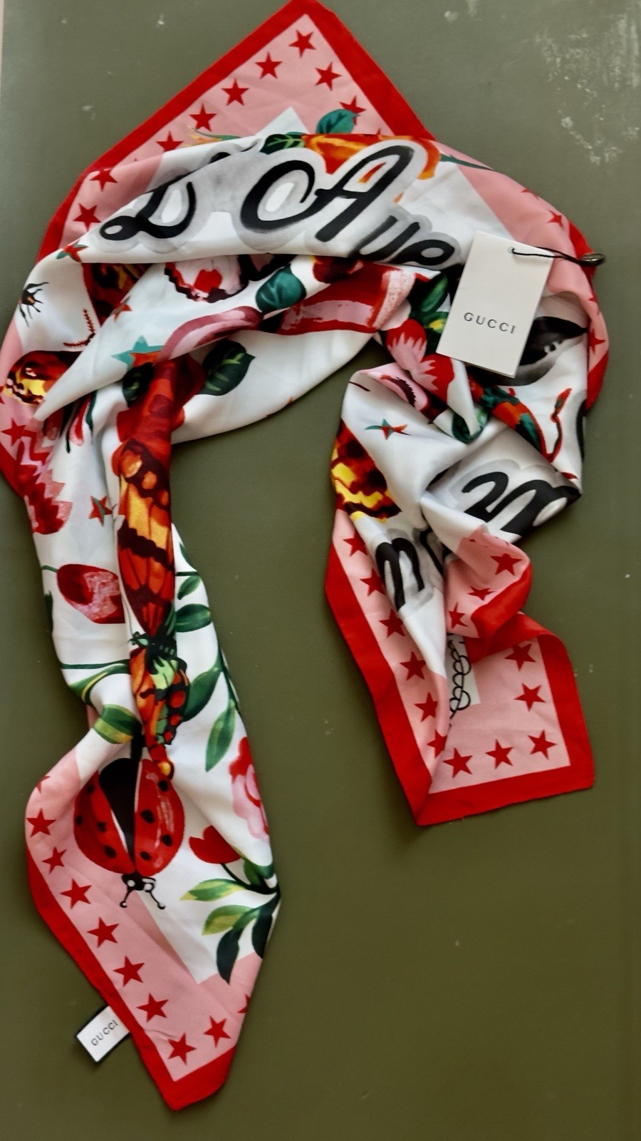 Gucci L’Aveugle Par Amour Floral Snake Butterfly Square Satin Silk Scarf