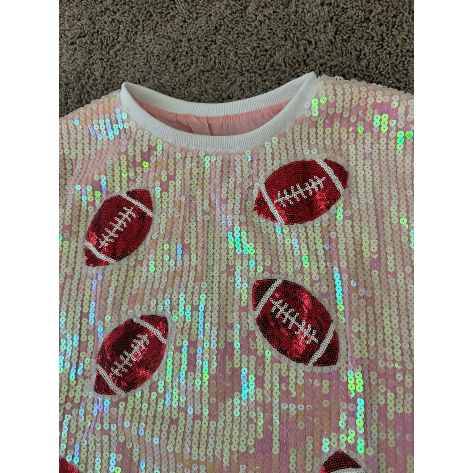 College Game Day Pink Sequin Short Sleeve Shirt Top Womens Size Medium