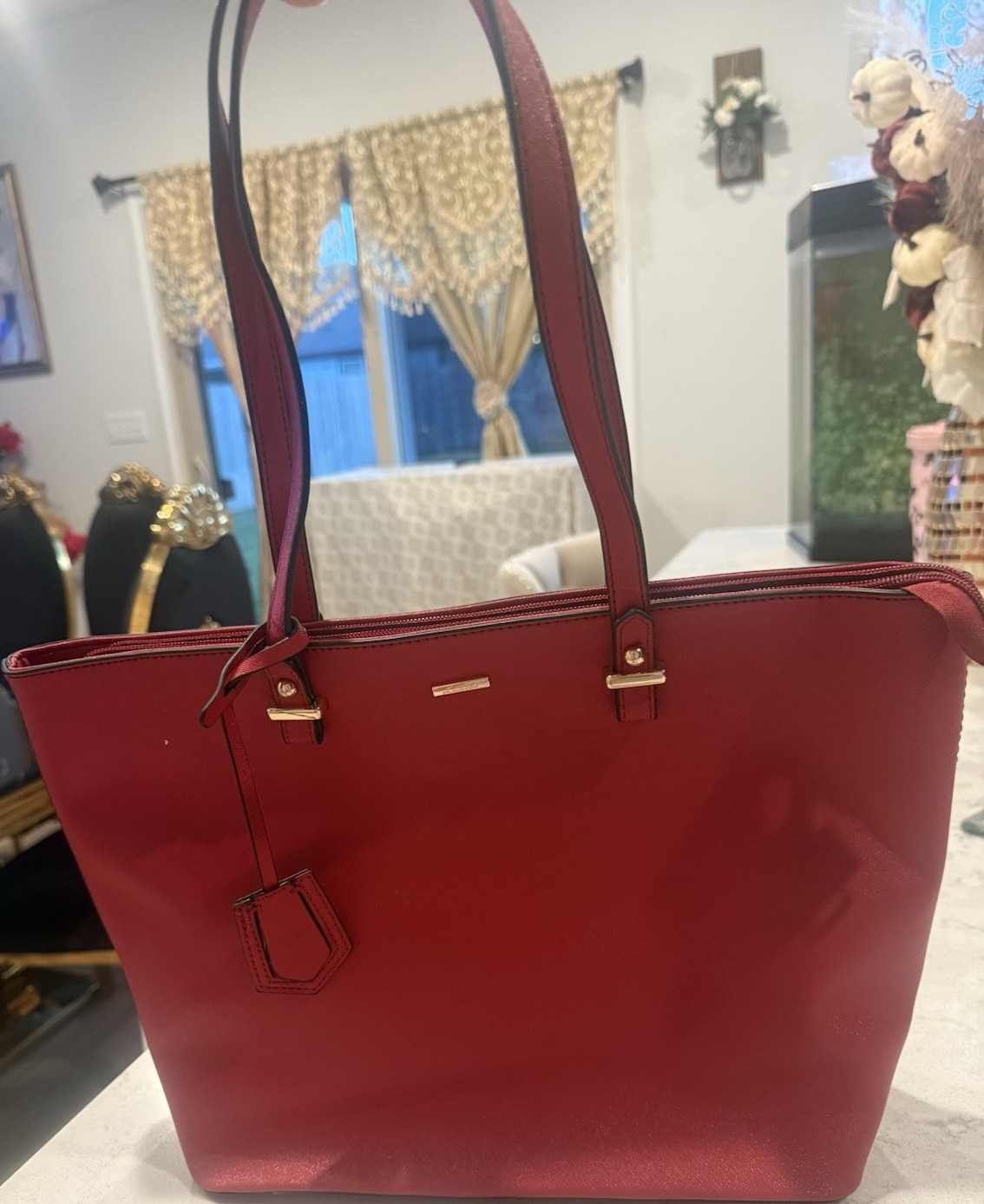Lovevook Red Tote Shoulder Bag Gold Hardware Strap Accent Zipper Clochette