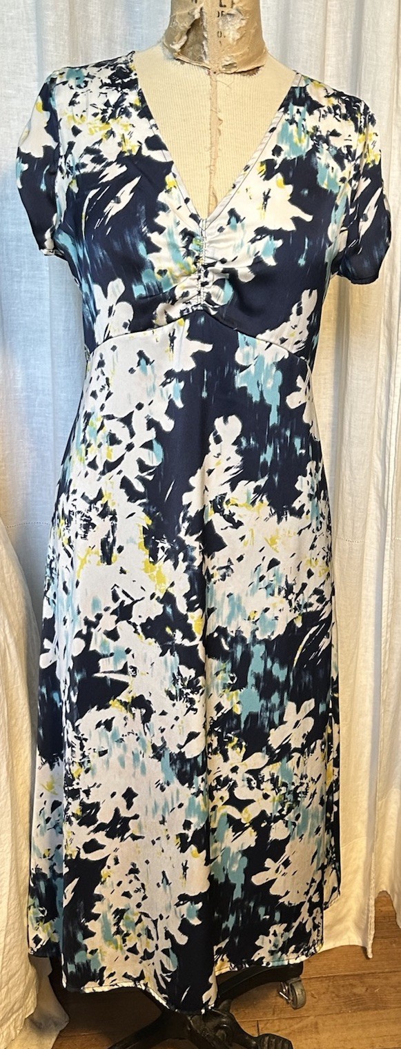 Banana Republic Womens S Sleeve Fit Flare Satin Floral Midi Dress Sz M Pre-owned