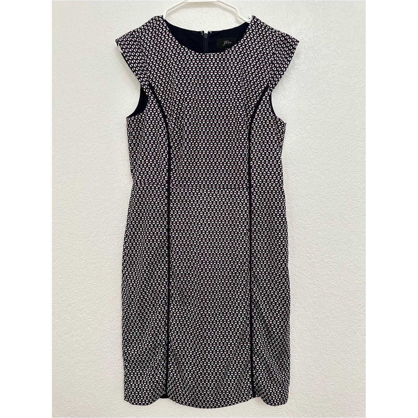 J. Crew Women’s Navy Red White Cap Sleeve Matelasse Sheath Midi Dress Size 8