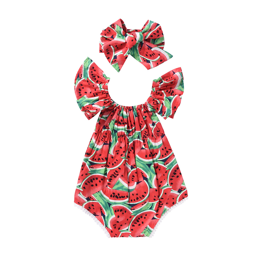 NEW Baby Girls Watermelon Red Romper Sunsuit Jumpsuit Headband Outfit Set