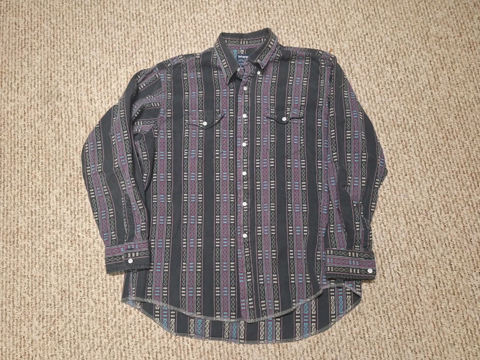 Vintage Wrangler Western Shirt Mens 17.5X35 Aztec Print Made In USA 90s Cowboy
