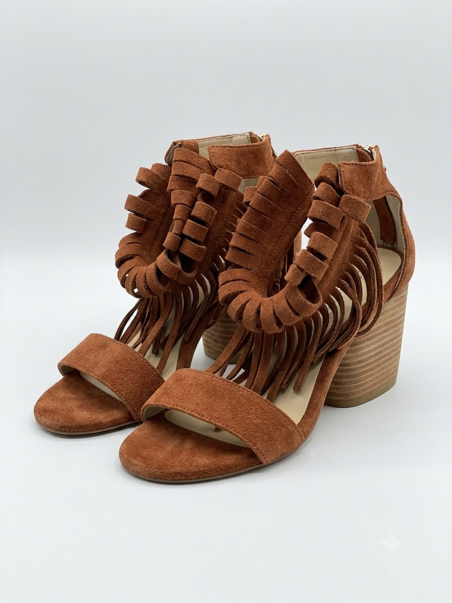 New Matiko Morgan Suede Brown Fringe Heel Rust size Eur 39 Boho Western