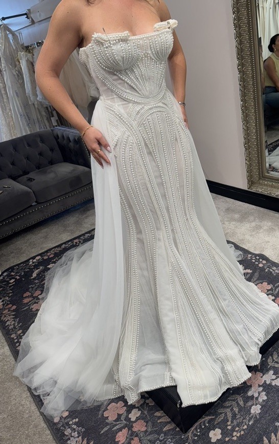 Leah da Gloria Drew White Strapless Sleeveless Beaded Mermaid Wedding Dress