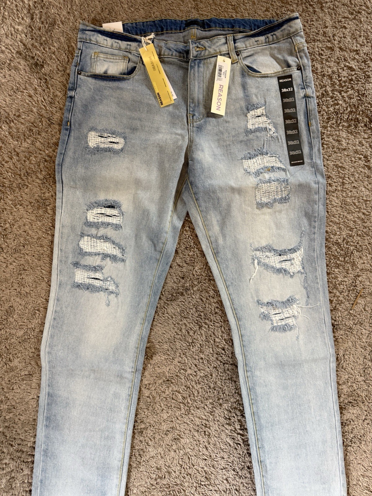 REASON Men’s Light Wash Distressed Skinny Slim Fit Denim Jeans Blue