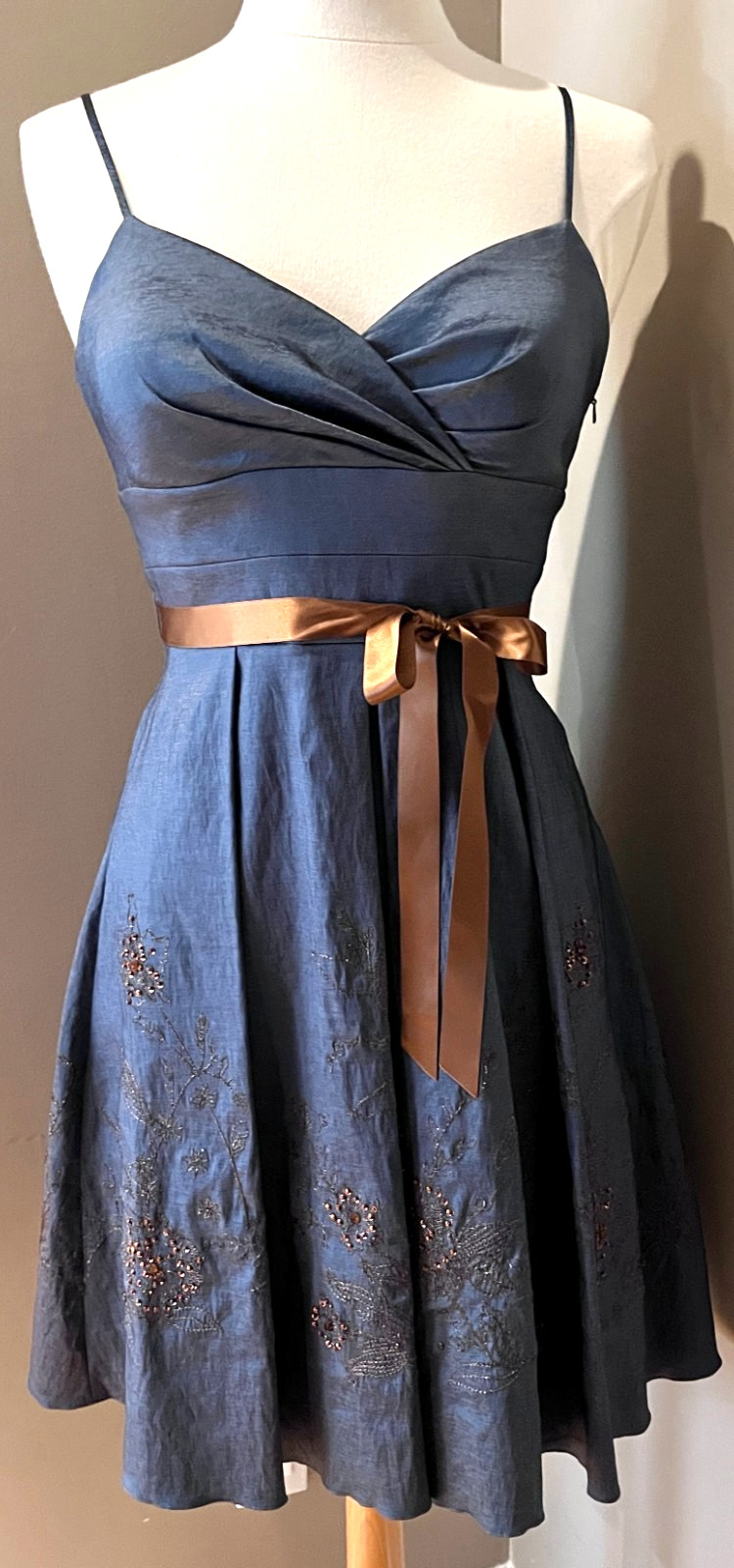 OC by Oleg Cassini-Blue w/ Sparkly Copper Embroidery-Cocktail Dress-Size 4.