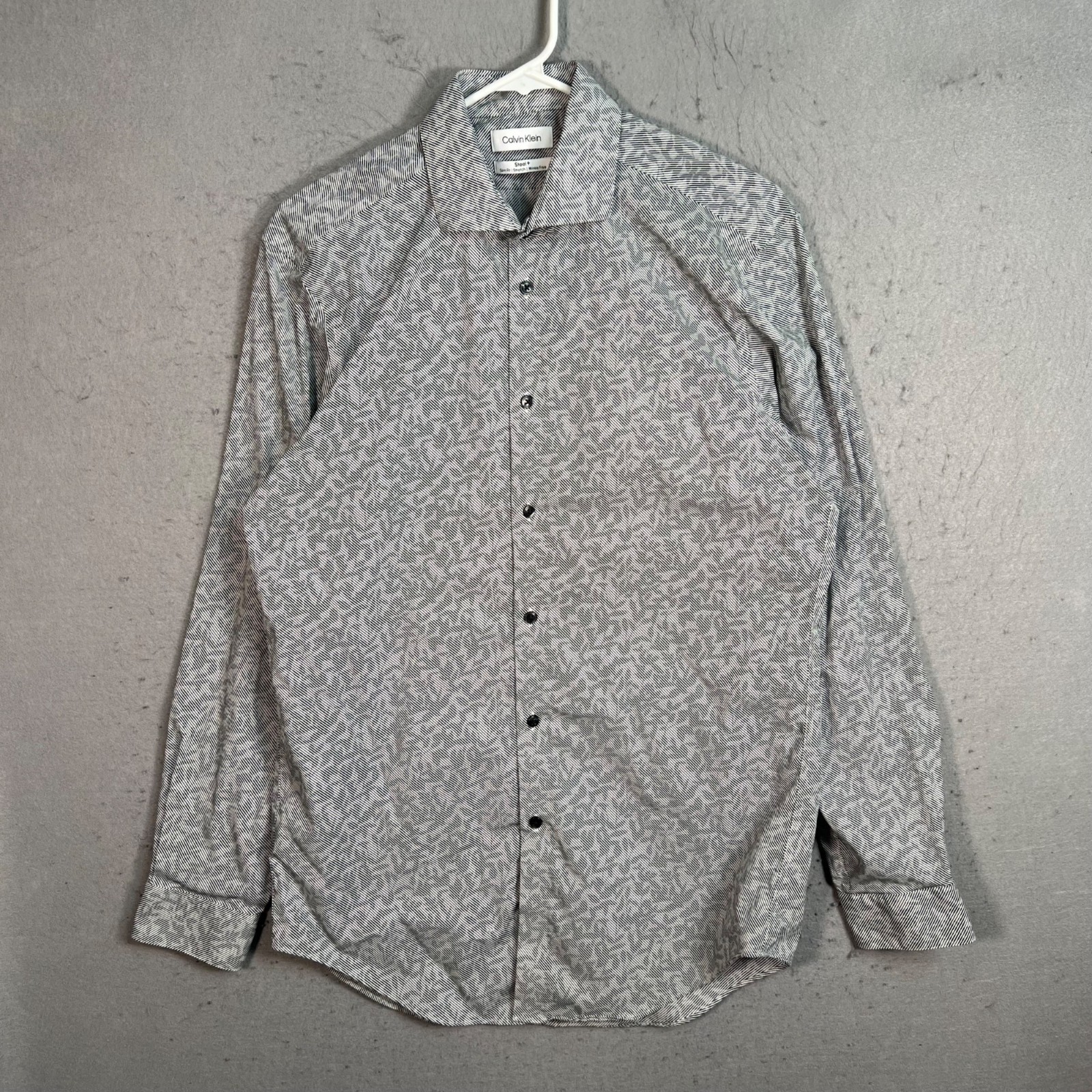 Calvin Klein Mens 15 1/2 34/35 Steel+ Slim Fit Stretch Gray Pattern Dress Shirt