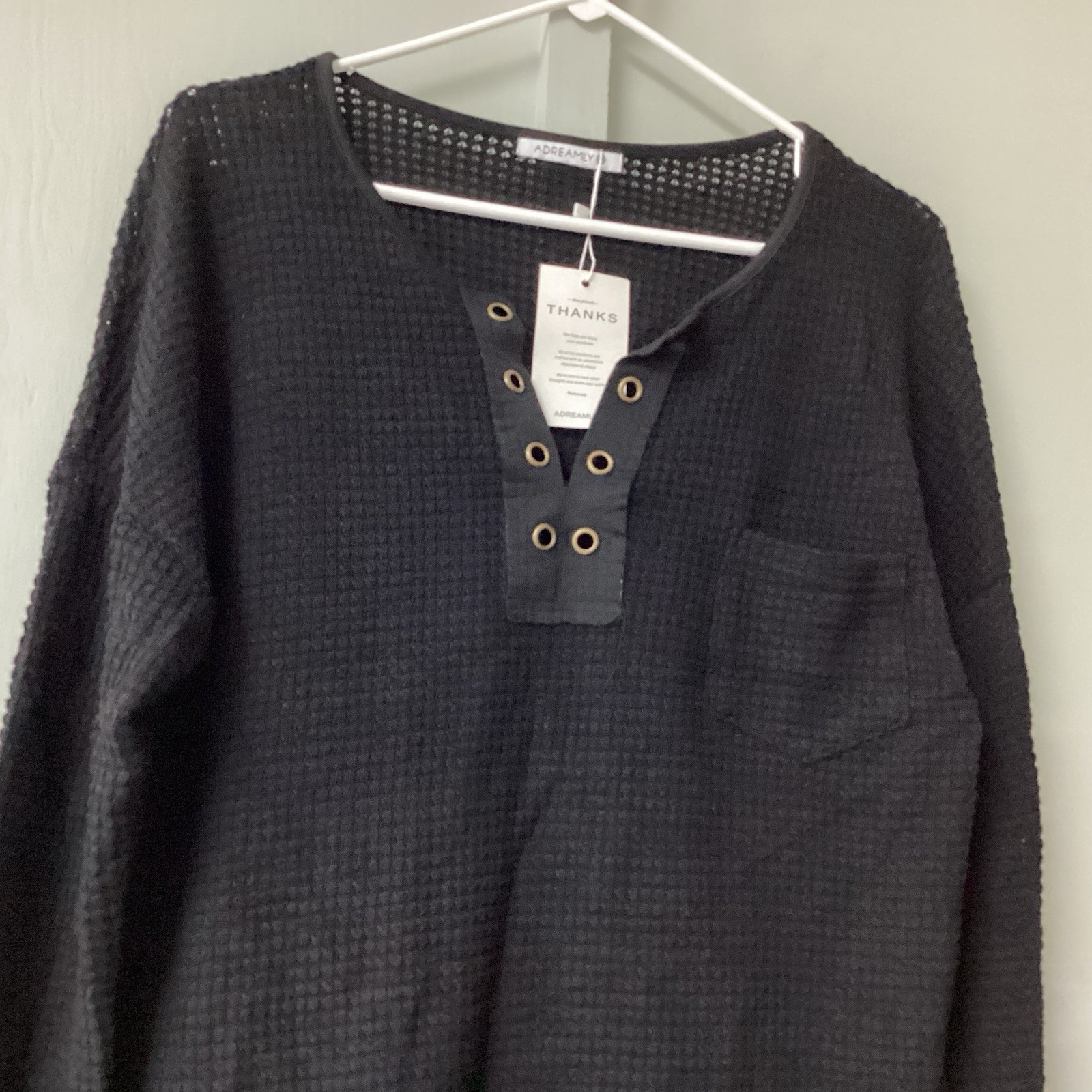 ADREAMLY Black Semi-Sheer Blouse Women’s Size Medium Waffles Studs Hole Knit New