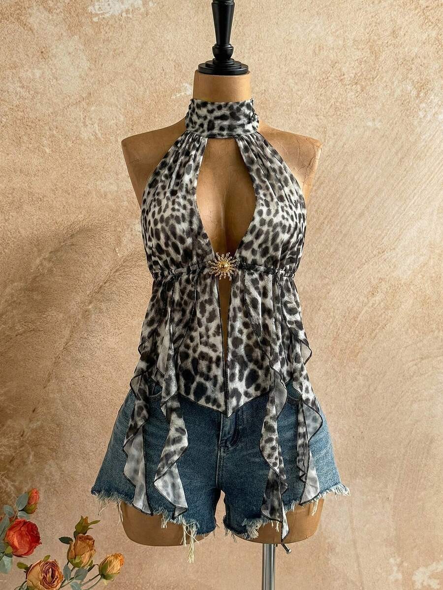 Leopard Print Halter Neck Top Backless Asymmetrical Boho Vacation Beach Blouse
