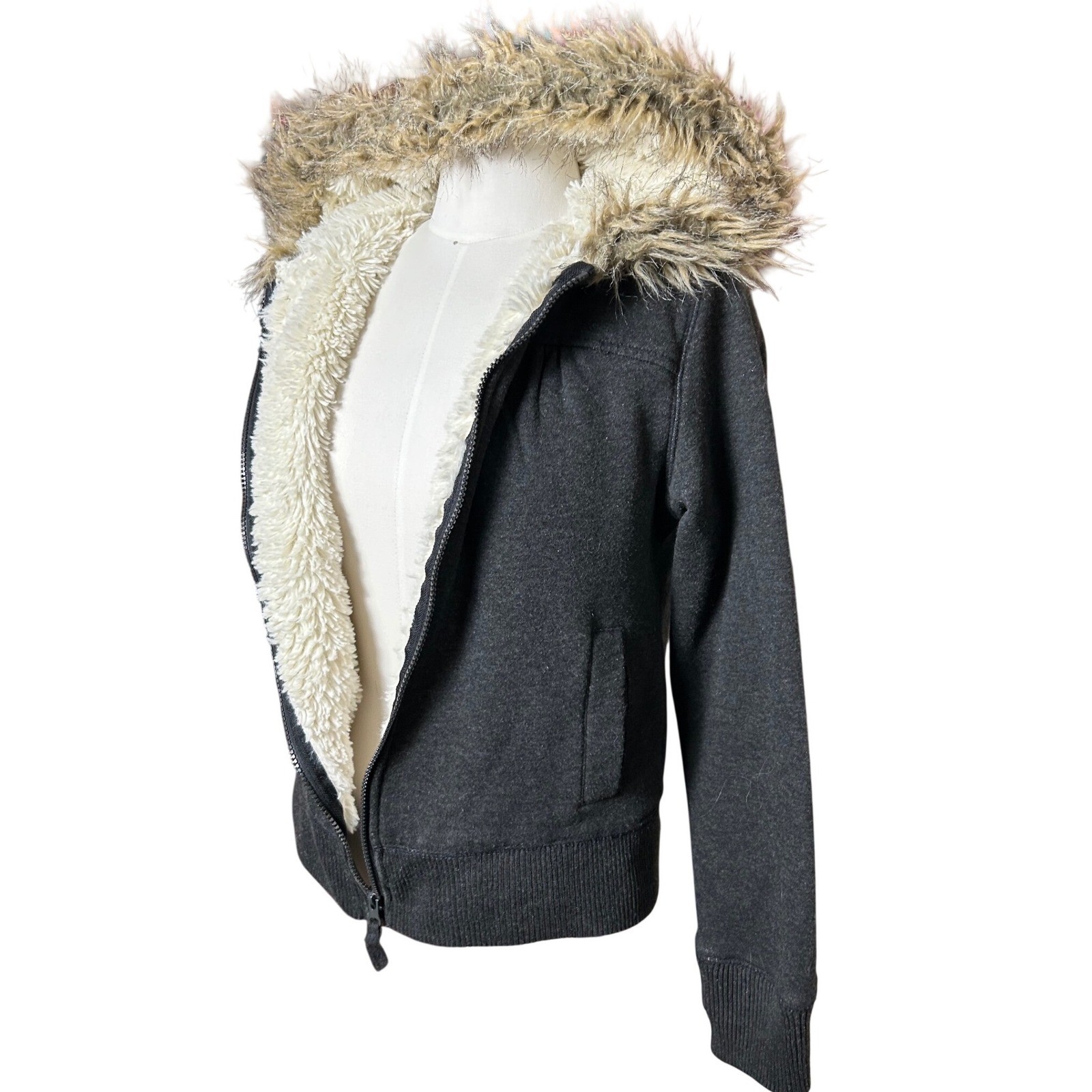 OP Y2K VTG Womens Gray Sherpa Lined Faux Fur Trim Hood Zip Up Hoodie Jacket M