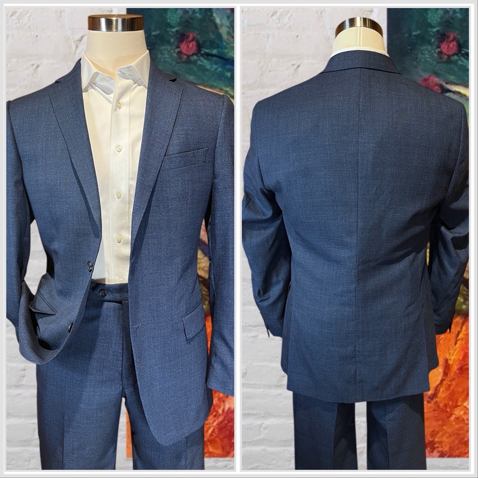 Hart Schaffner Marx New York 42L 36×32 Navy Blue Heathered Hopsack Suit