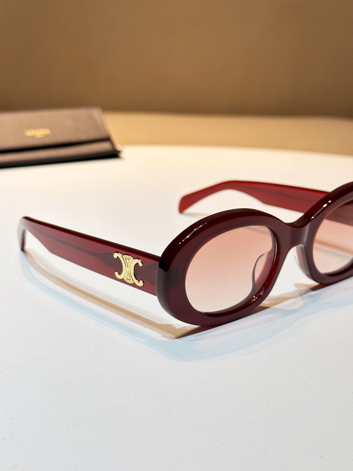 Celine Triomphe Oval Sunglasses Burgundy Red Acetate Gold Logo Designer