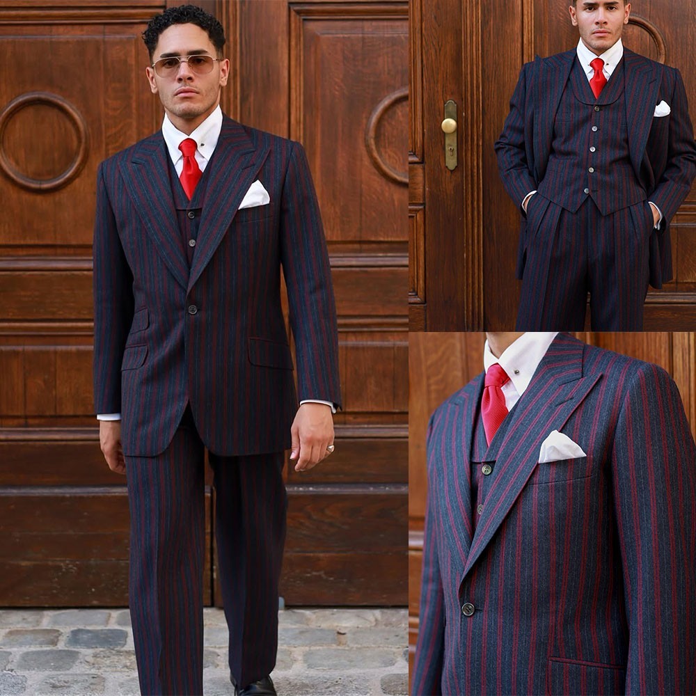 Mens Suits Checked Striped Business Regular Fit Peak Lapel Outwear Work Casual