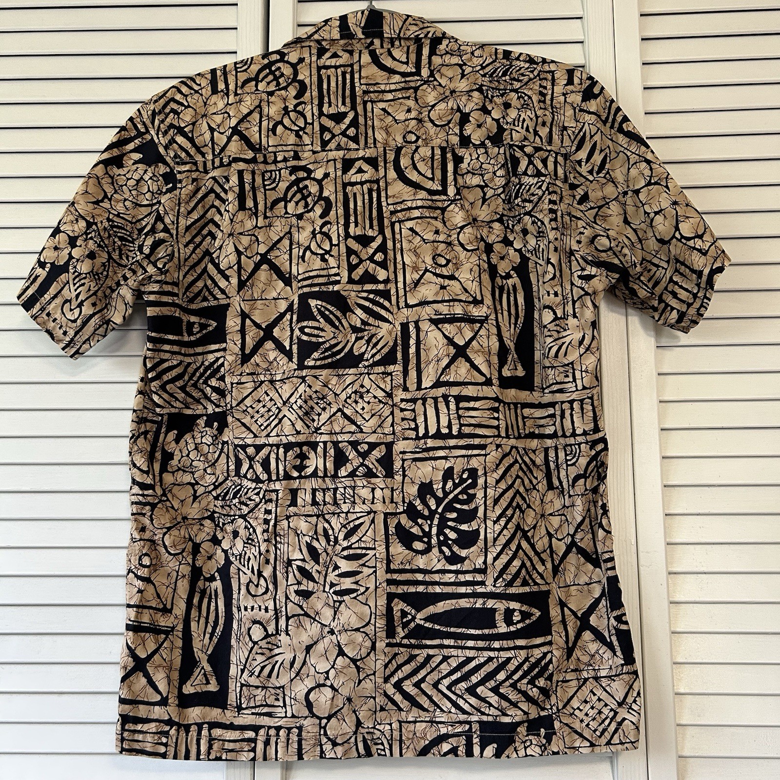 Favant Hawaiian Aloha Shirt Mens M Tapa Honu Fish Pattern Matched Pocket Cotton