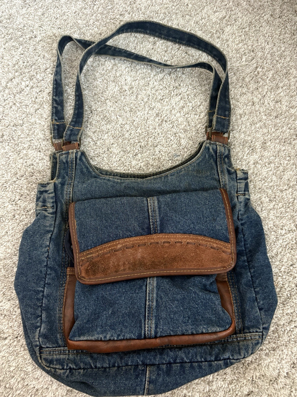 Denim jean shoulder Hobo bag purse Jean Pockets Leather Y2K Vintage Retro.
