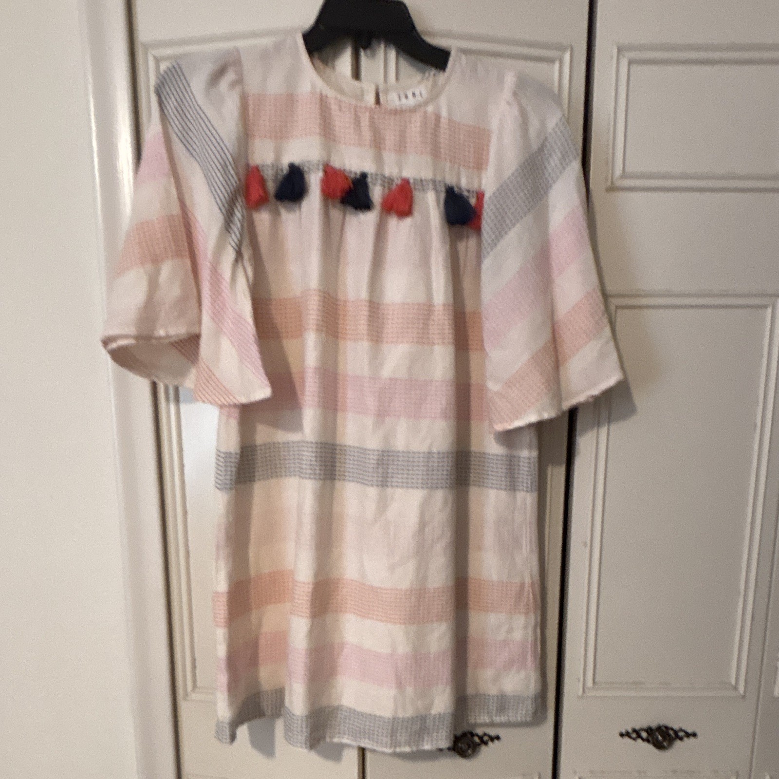 THML Ivory Pink Blue Orange Striped Cotton Shift Dress Flutter Sleeve S