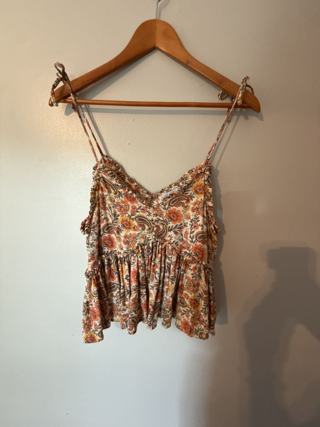 Patrons of Peace Floral Paisley Tie Strap Peplum Cami Top