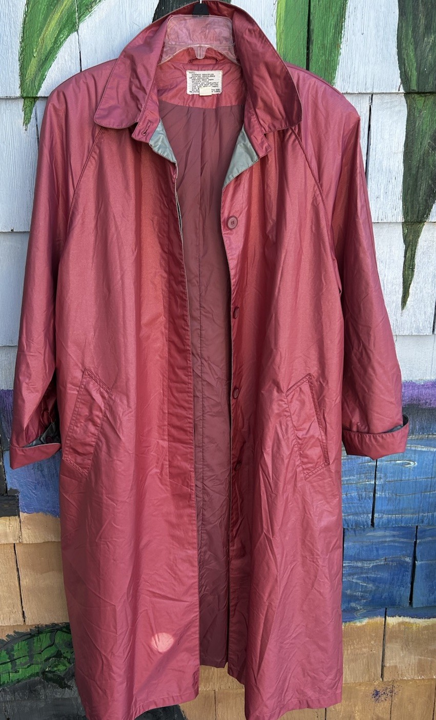 Vintage 60s Long Nylon Rubber Backed Trench Coat Pink Gray Women’s Size 20 1/2