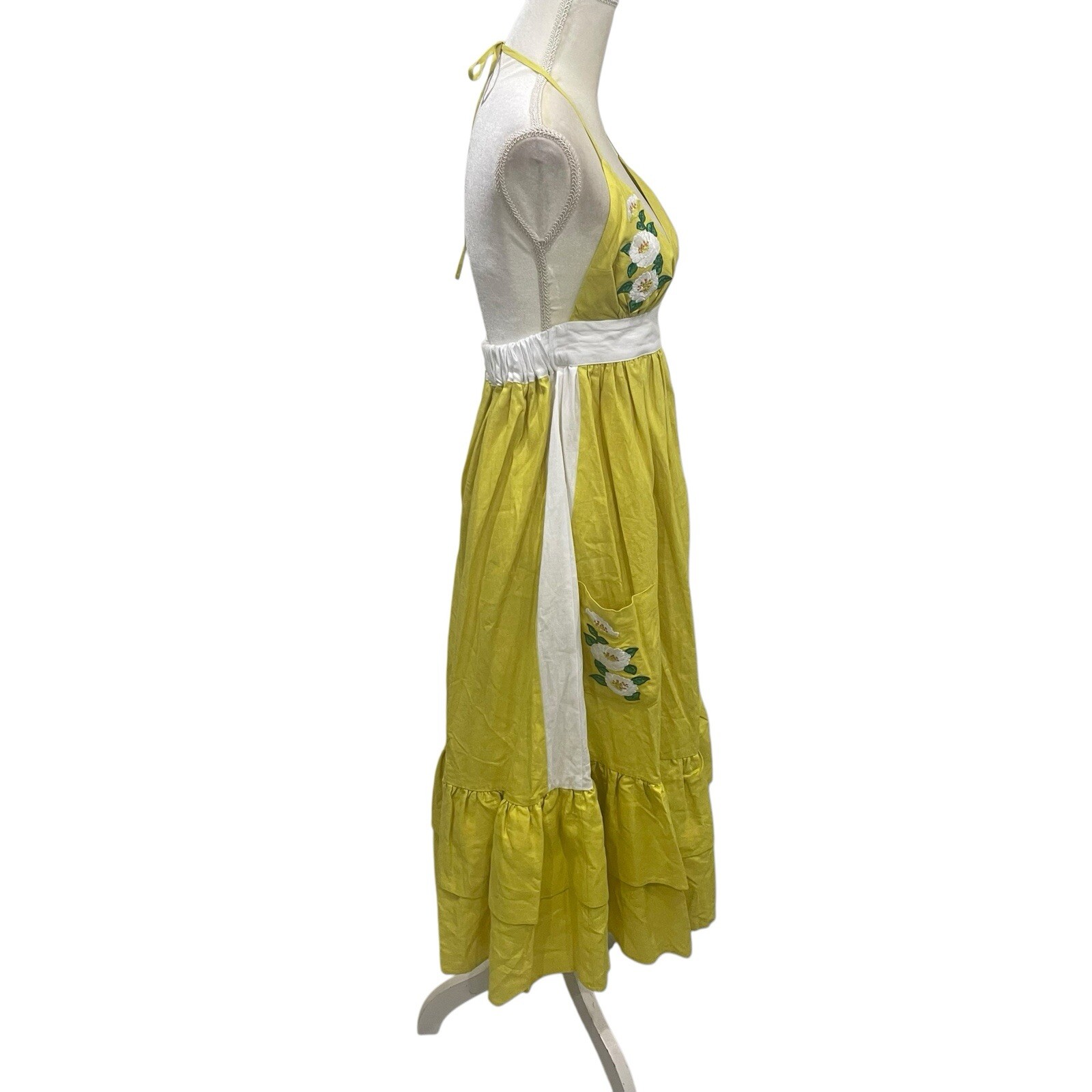 Fanm Mon Large Linen Yamile Floral Embroidered Halter Midi Dress Mustard Lime