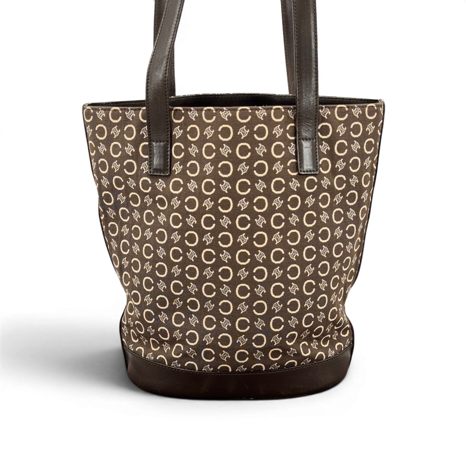 Auth Vintage CELINE C Macadam Pattern Tote Bag Canvas Leather Brown Purse