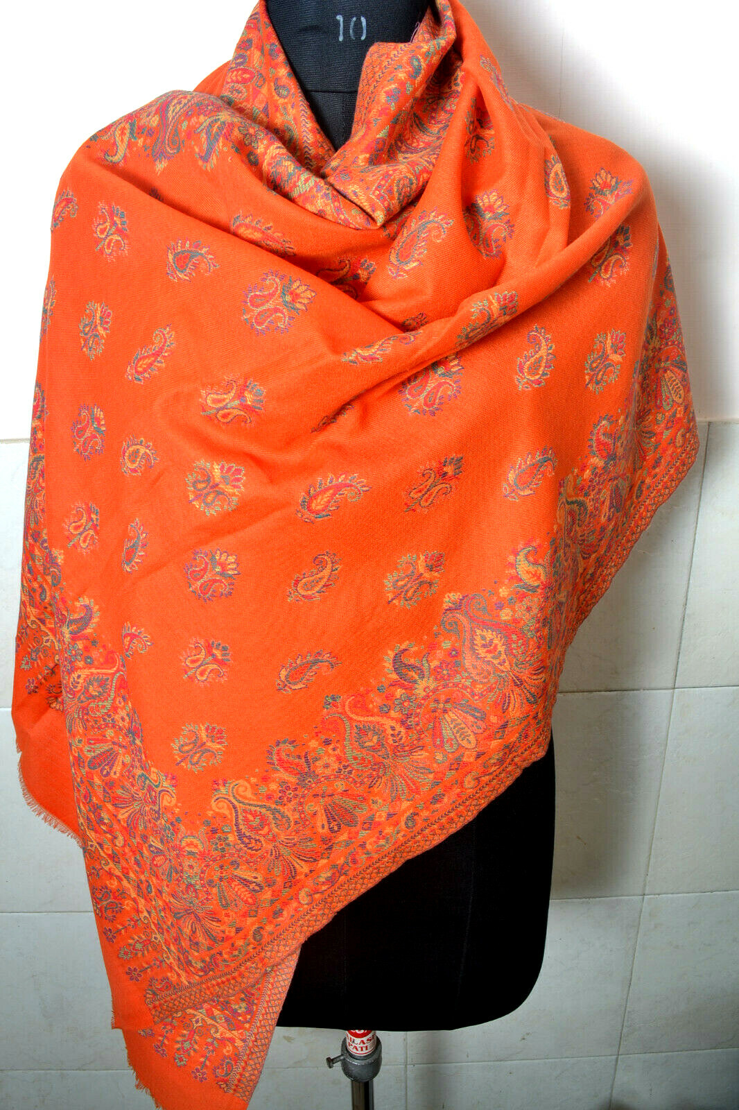 Orange KANI WEAVE Jamawar Stole Wool Blend Pashmina Jamavar Paisely