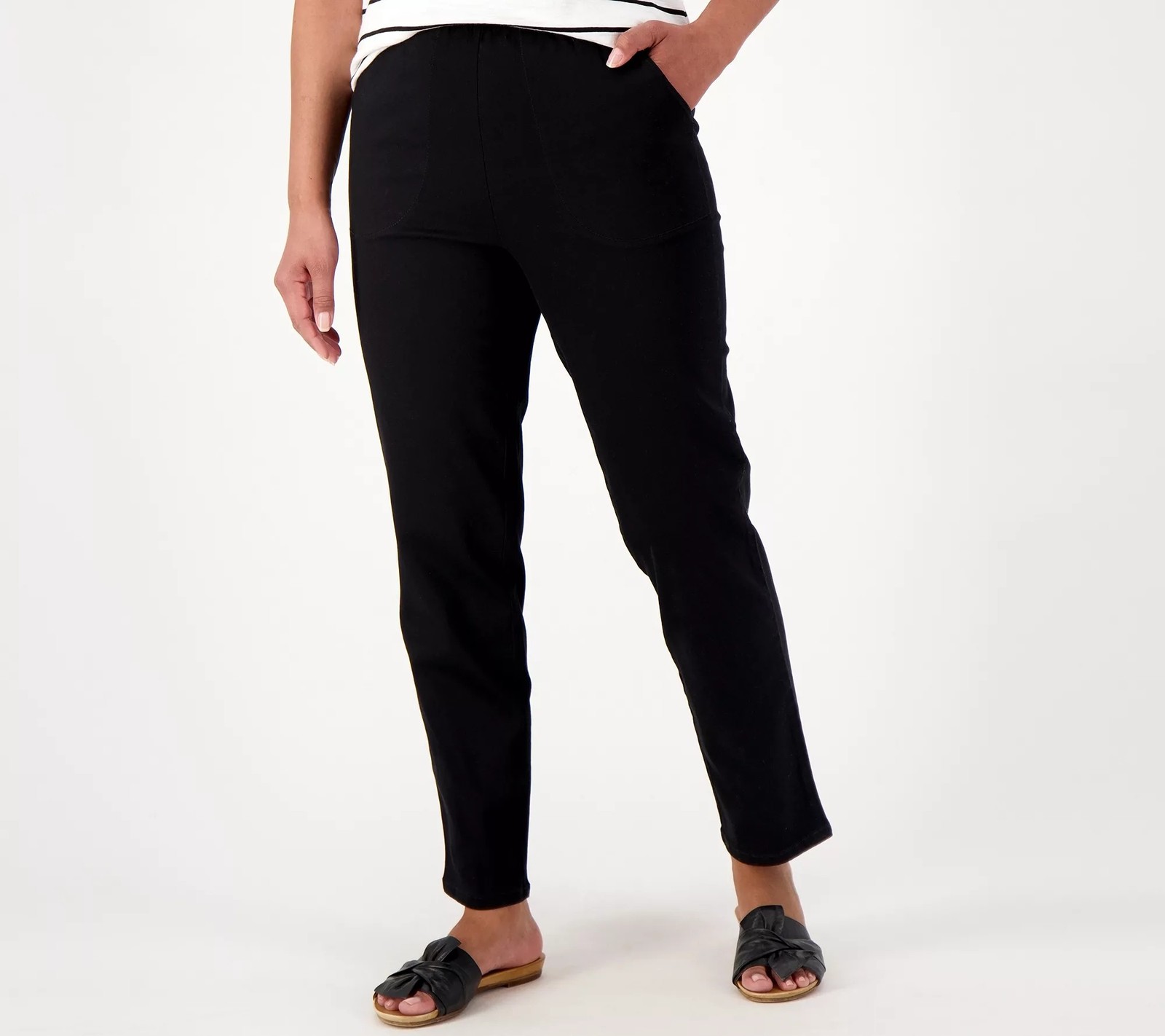 Denim & Co. Regular Original Waist Stretch Side Pocket Pant Black L New