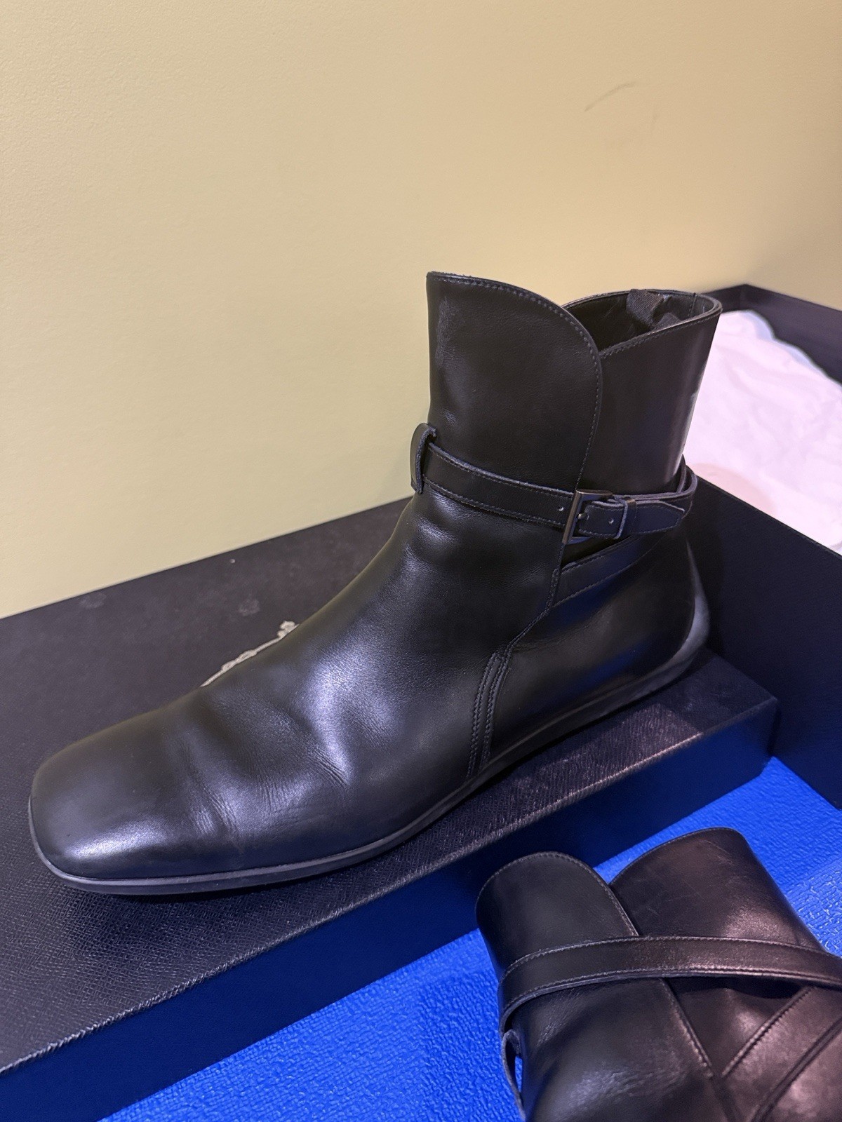 PRADA Bridge Calf Black Leather Ankle Bootie Slip-On Buckle US 10.5