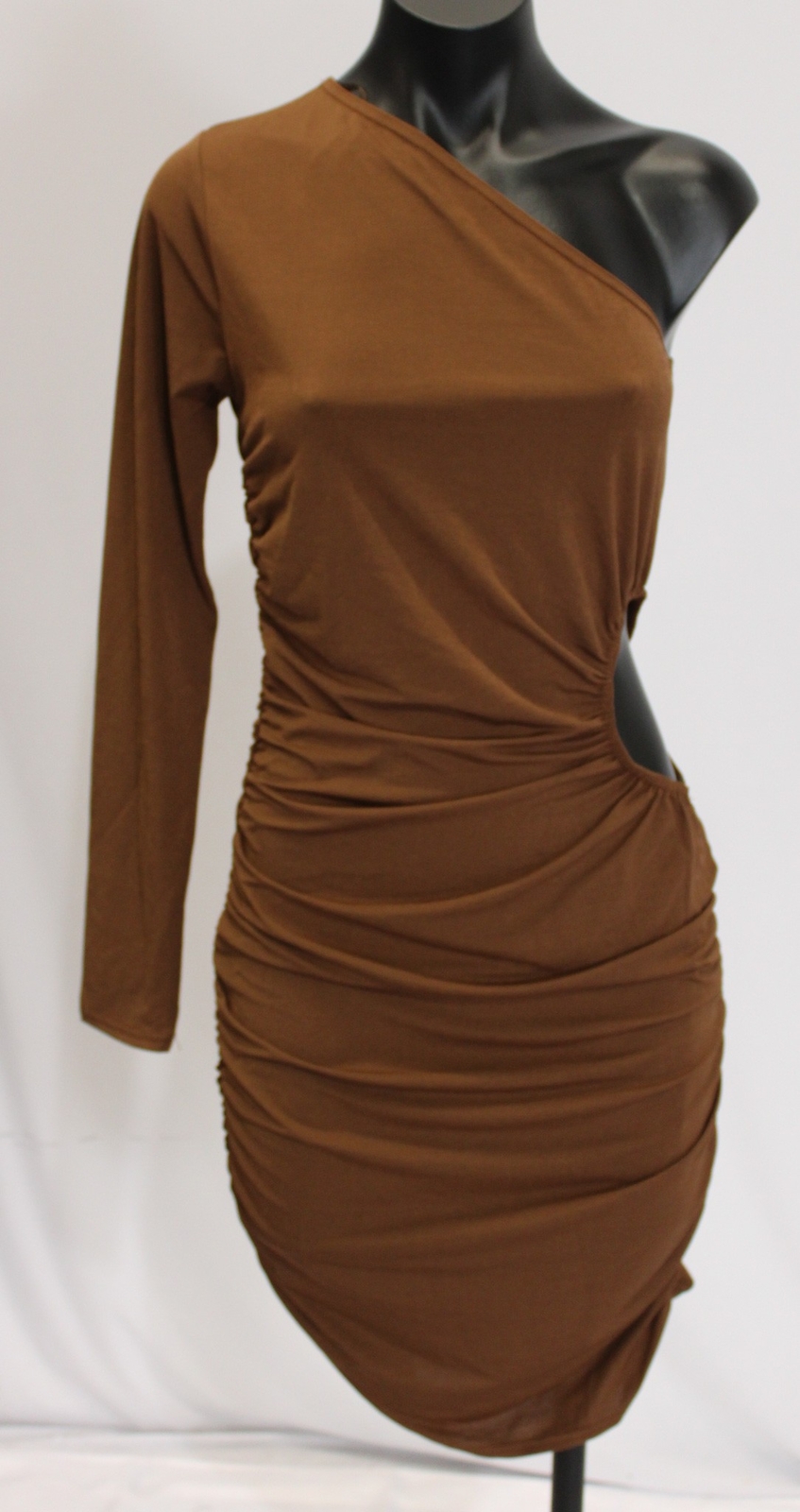 Quiz Women’s Ruched One Shoulder Cut Out Mini Dress AC2 Brown Size 12 NWT