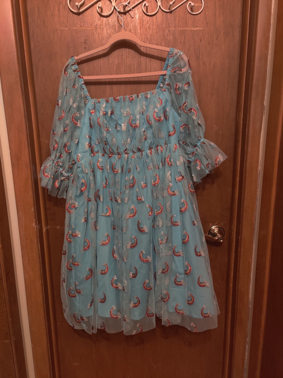 Unique Vintage Rainbow Puff Sleeve Dress Powder Blue
