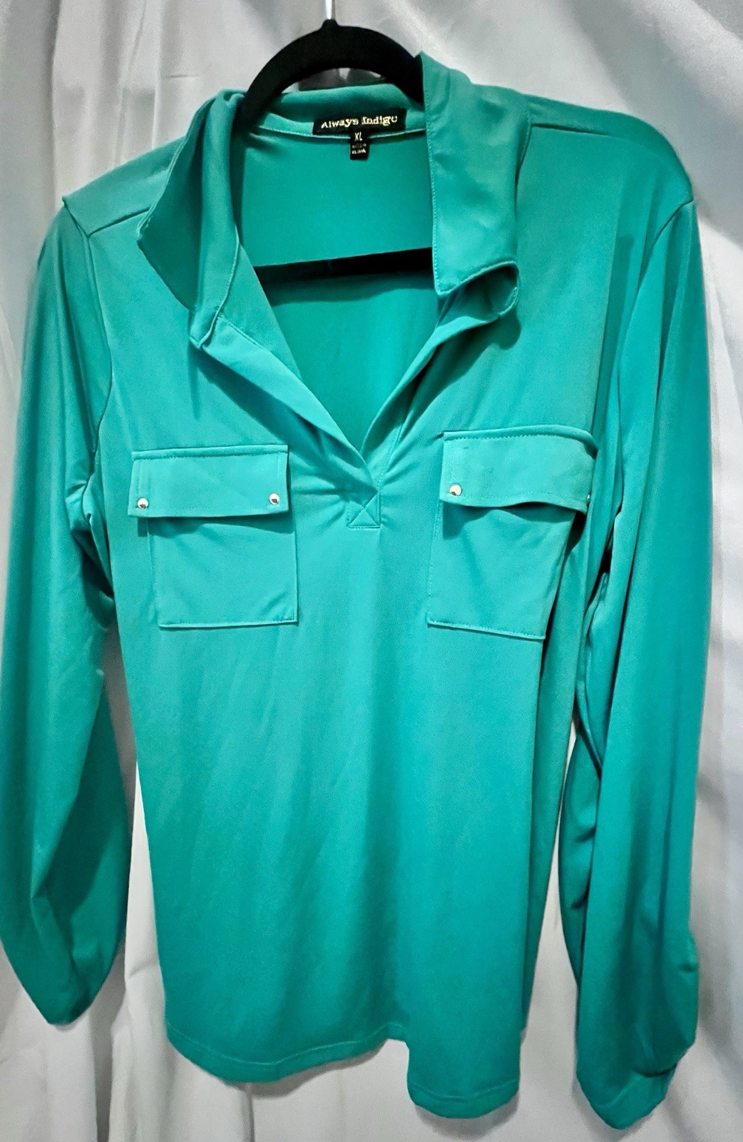 Always Indigo Women’s Green Solid Collared Pullover Blouse, XL Roll Tab Sleeve