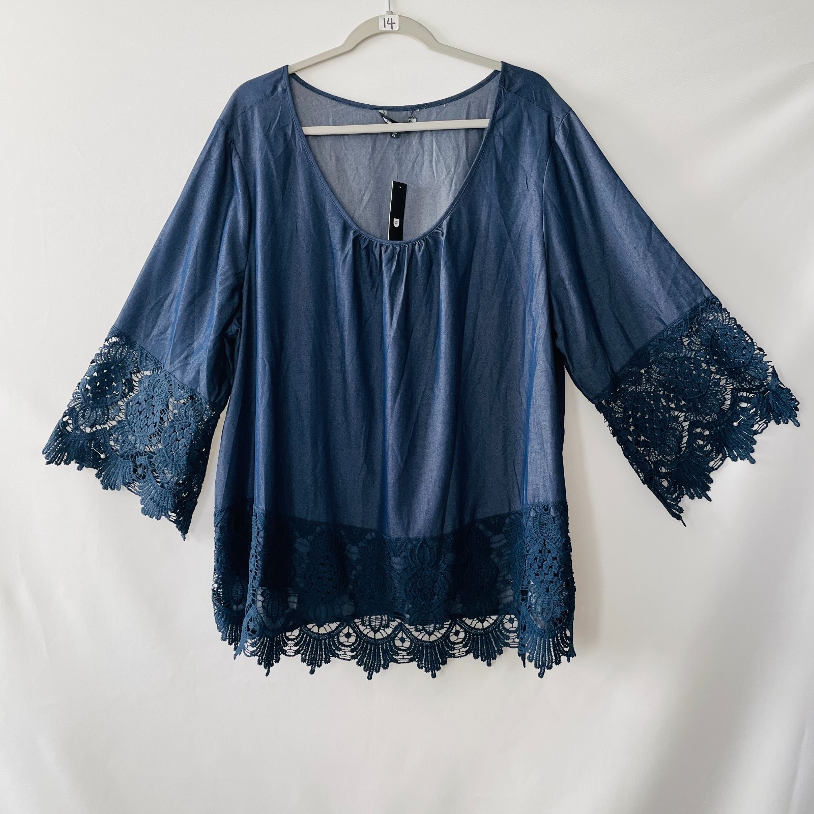 NWT Unique Spectrum Womens Navy Blue Scoop Neck Lace Trim Boho Blouse Top Sz 3X