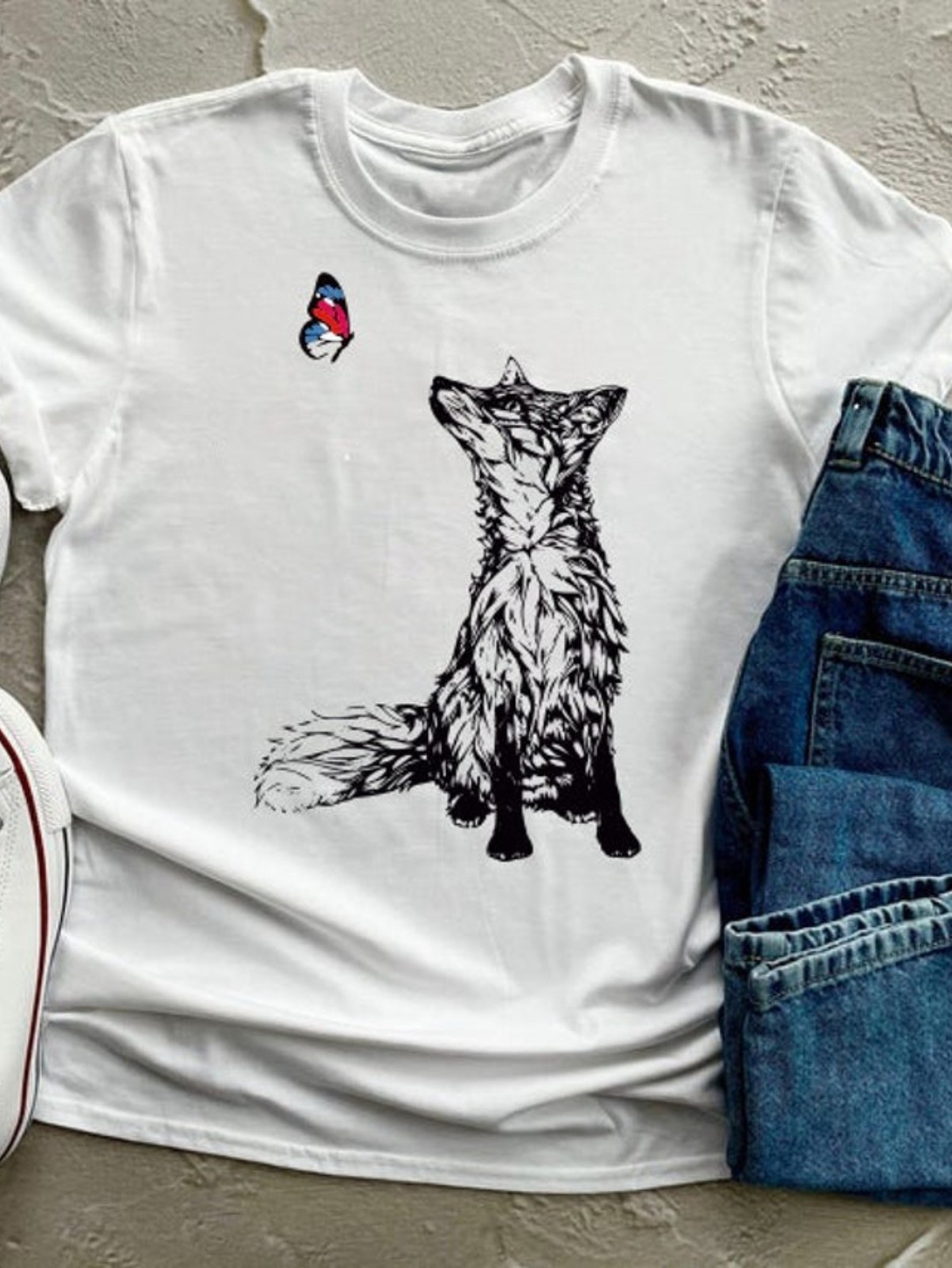 Fox and Butterfly Shirt, Pure Cotton, Nature Top, Hand Drawn Graphic Tee, Fitt