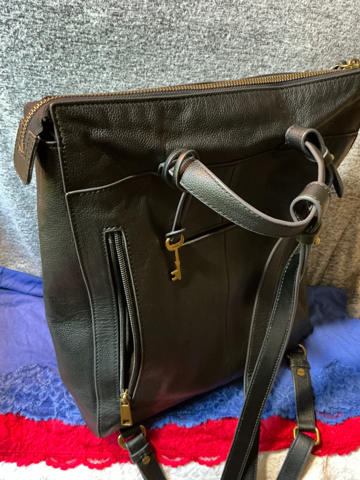 Fossil Elina Black Convertible Crossgrain Leather Zip Shoulder Backpack