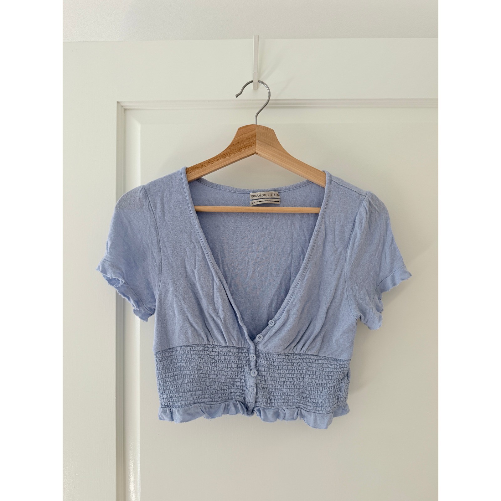 Urban Outfitters Light Blue Smocked Button Front V-Neck Crop Top Medium