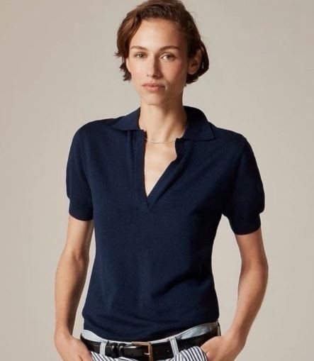 JCrew V-Neck Polo Merino Wool Short Sleeve Navy Blue Size S