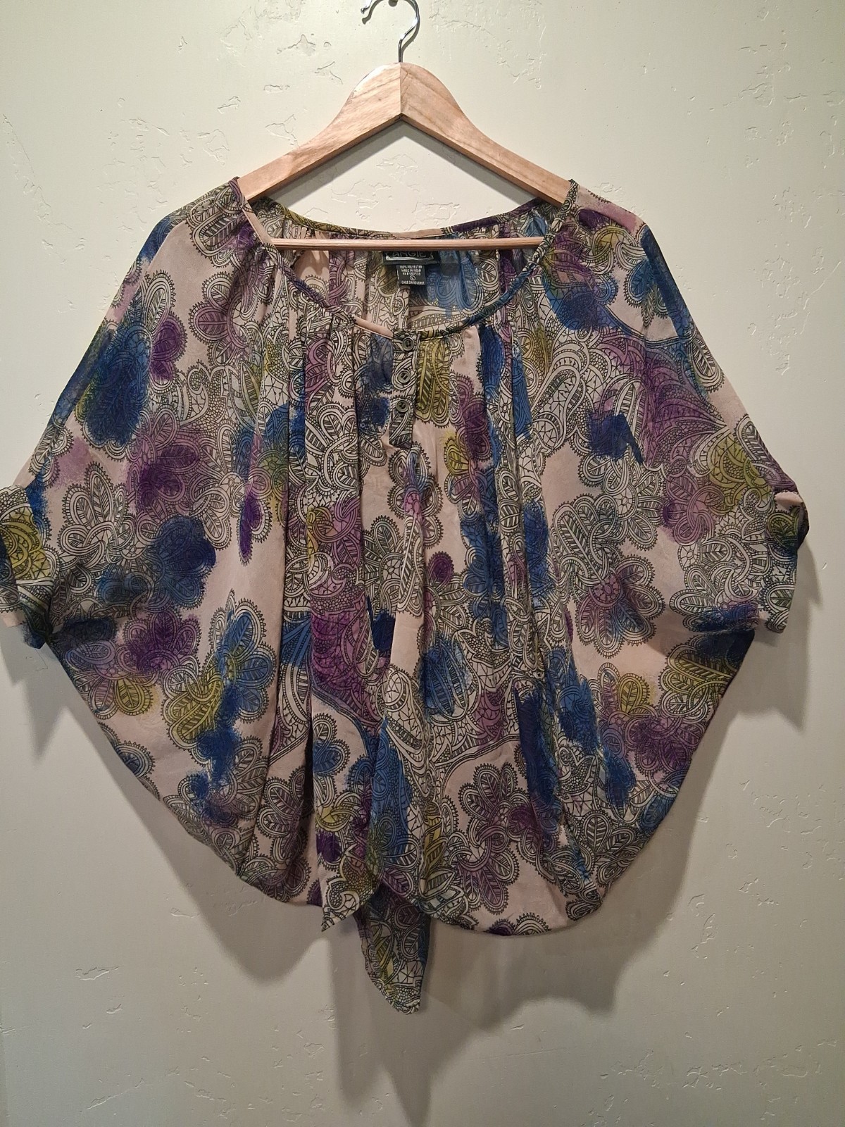 Angie Wmn’s L Batwing Sleeve Paisley Blouse Blue Tan Purple Boho Festival Hippie