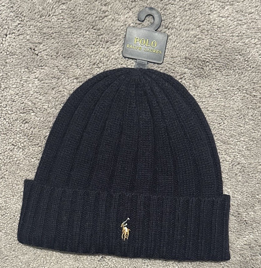 Polo Ralph Lauren Ribbed Cuff Beanie One Size Blue Wool Blend Pony Logo Preppy