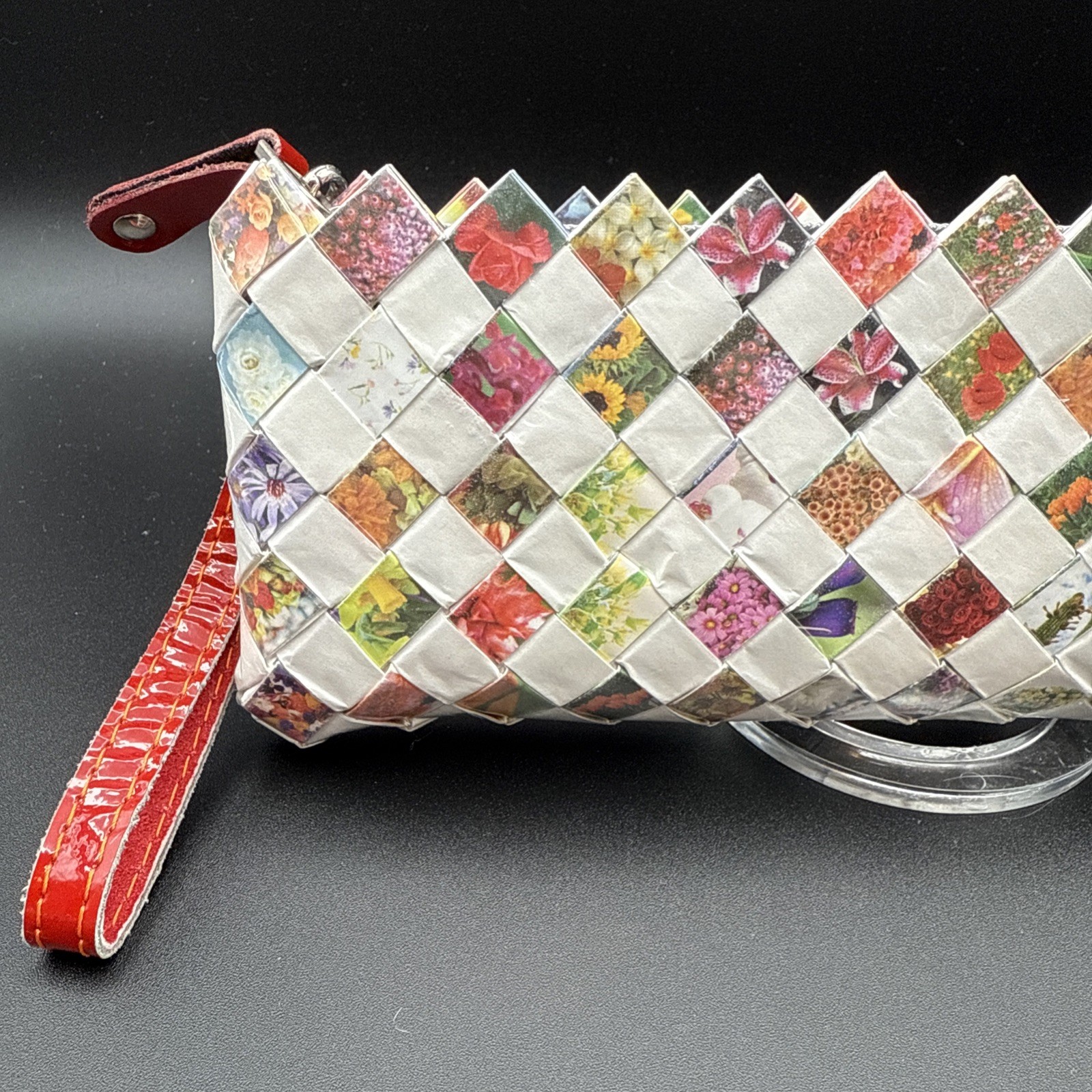 Nahui Ollin White And Floral Candy Wrapper Clutch Purse Wristlet Zip Top Woven
