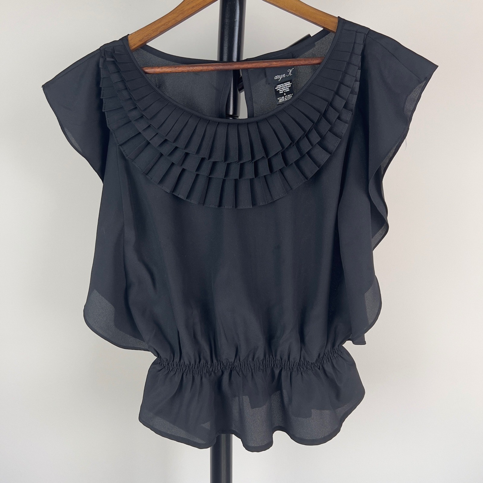 Aryn K Black Pleated Ruffle Neck Peplum Blouse Flutter Sleeve Small Boutique