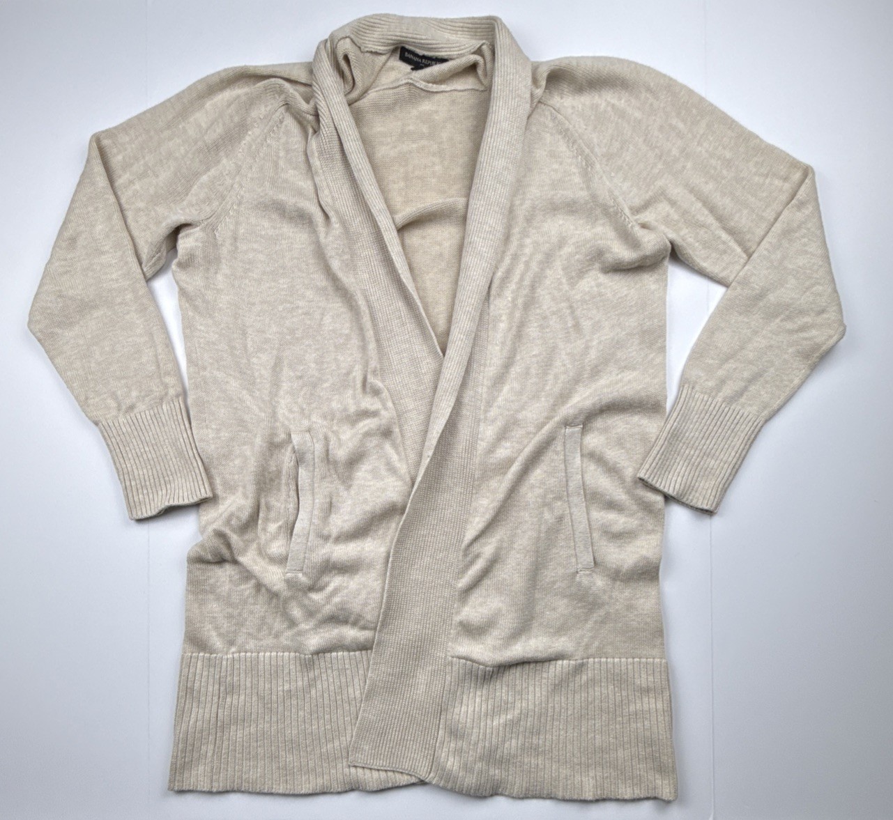 Banana Republic Long Open Front Knit Sweater Cardigan Ivory Pockets Model Cotton