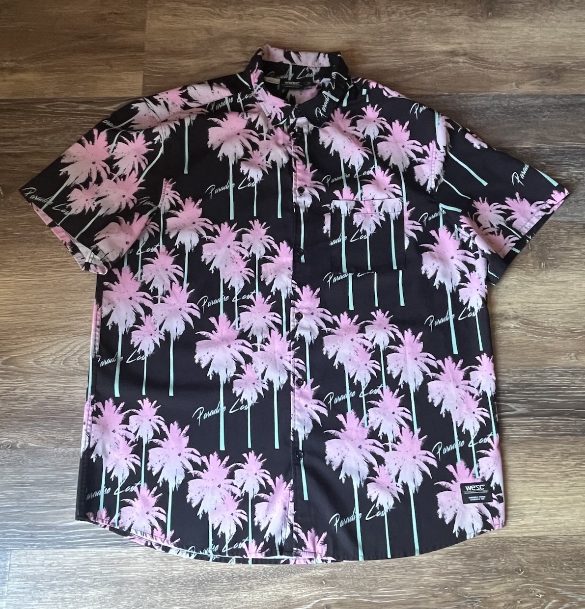 WESC M XL W XXL Button Up Hawaiian Shirt Pink Palm Trees 80s Miami Vice Style