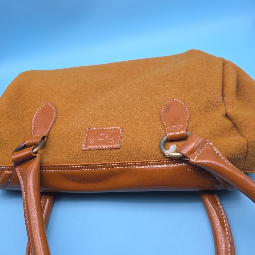 Sofia C Italian Felted Wool Caramel Patent Leather Autumn Fall Shoulder Bag
