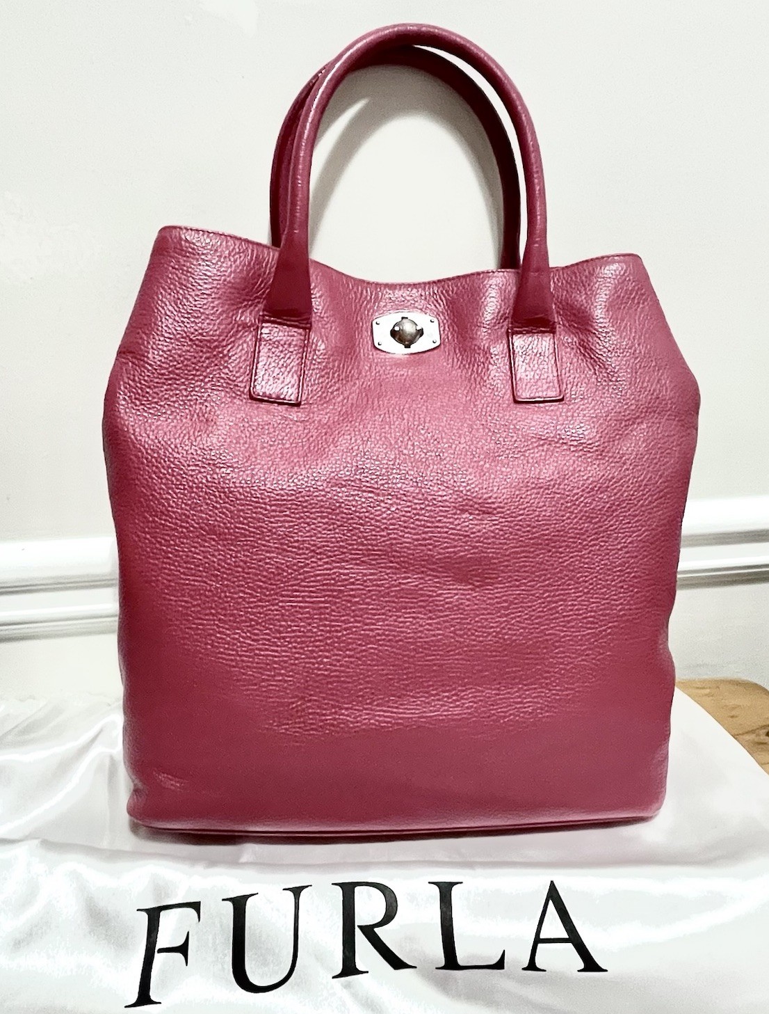 FURLA Appaloosa Bag Raspberry/Dark Pink Pebbled Leather 14×12.5×5.5” Large EUC