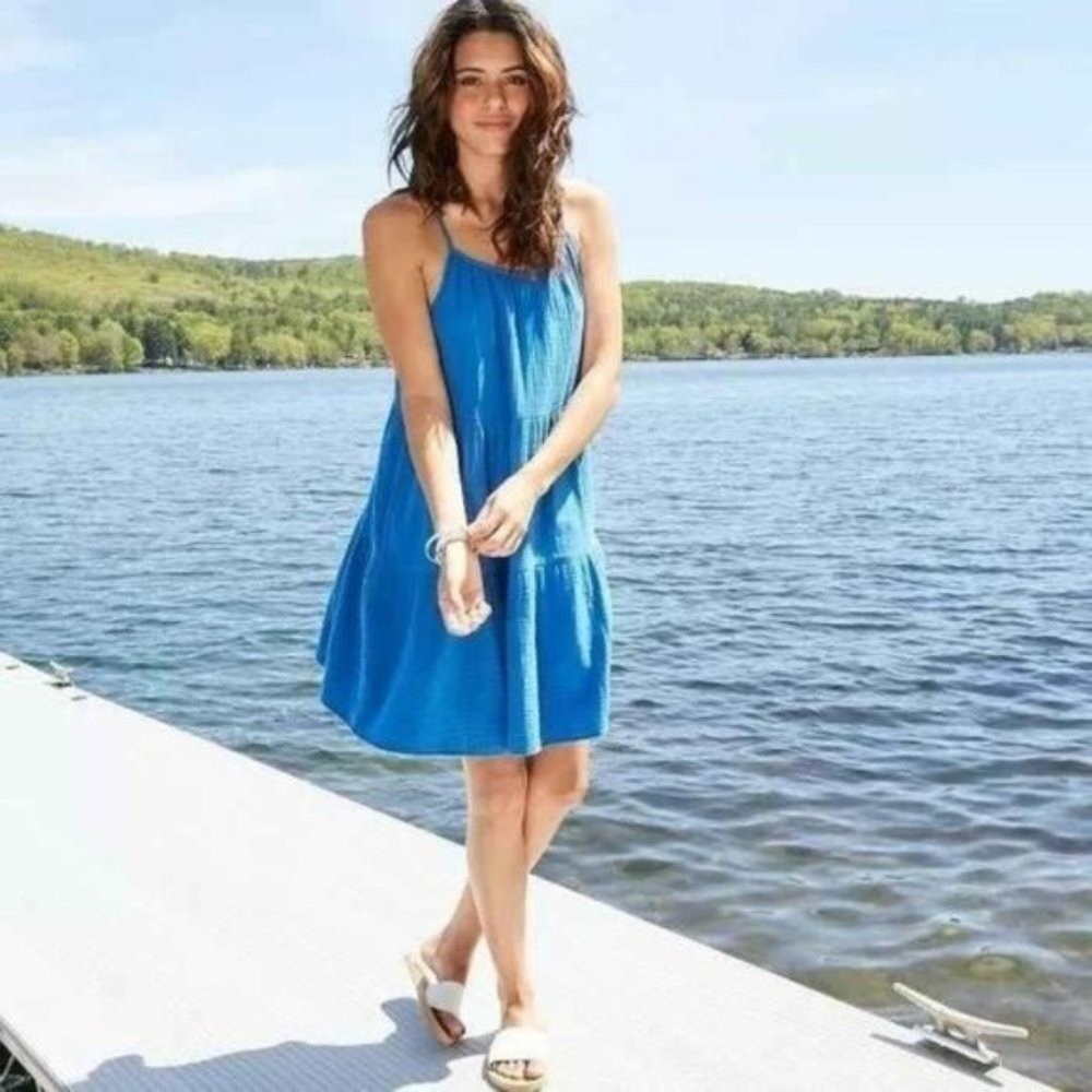 Blue Tiered Mini Dress Spaghetti Strap Summer Casual Pockets XXL